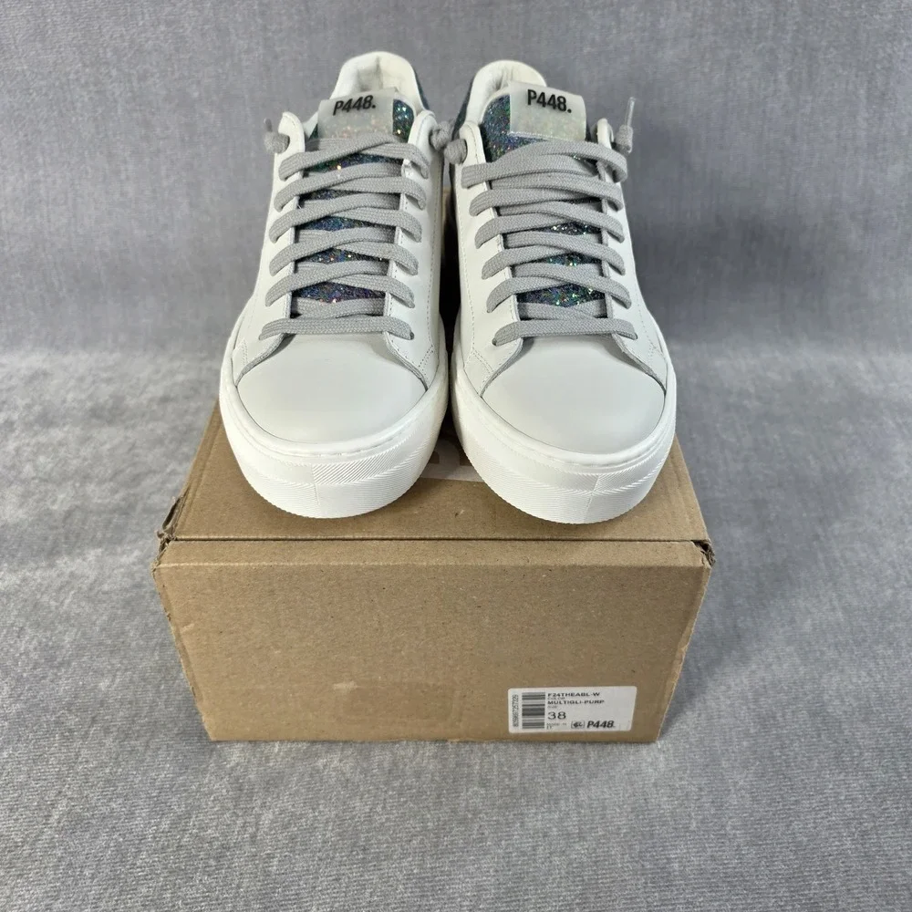 P448 Thea Sneakers Women's 38 White‎ Leather Purple Glitter Multi 7.5 NIB $298
